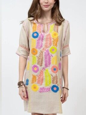 Sister Mary Colorful Floral Embroidered Linen Relaxed Mini Shift Gloria Dress M